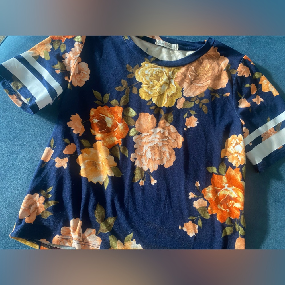 Heart & Hips Navy Floral Top with Orange and Yellow Accents